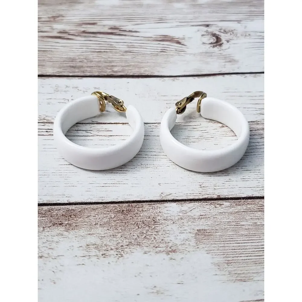 Vintage Clip On Earrings - Retro White Hoops 1 & 1/8
